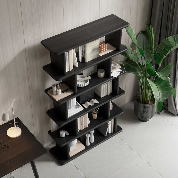 1700mm 5-Tier Black Wooden Bookshelf Japandi Etagere Geometric Bookcase Open Storage