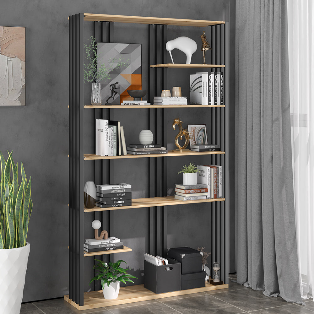 2000mm Modern Natural Etagere Bookcase 6-Tier Bookshelf Display in Black Finish