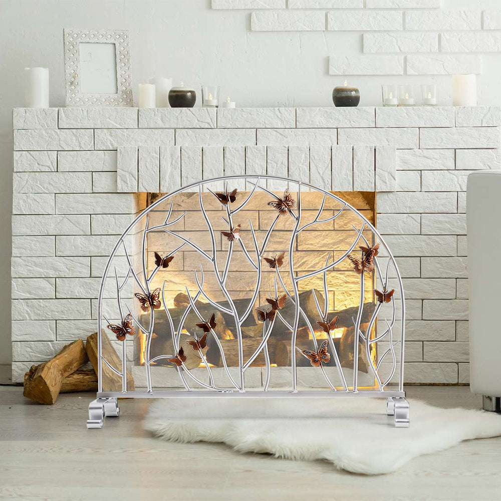 Modern Silver Twig Fireplace Screen with Golden Butterflies Decorative