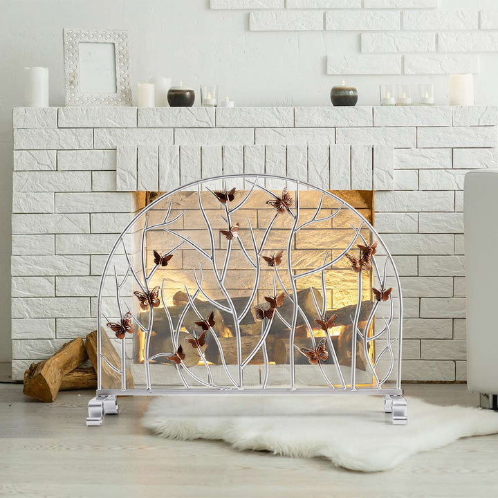 Modern Silver Twig Fireplace Screen with Golden Butterflies Decorative