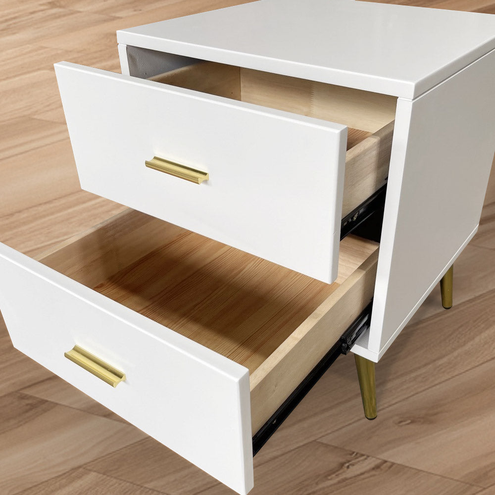 Modern Wood Bedside Table with Gold Legs 2-Drawer Nightstand in White