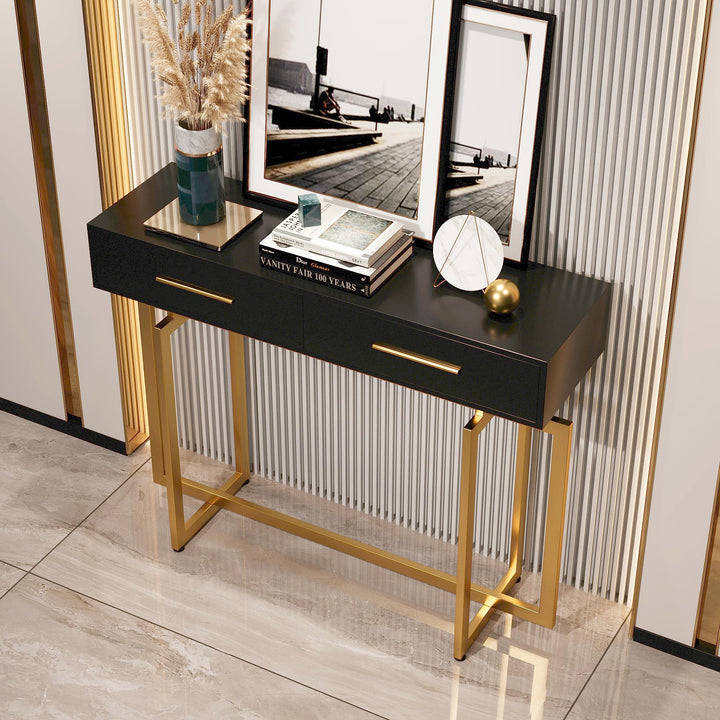 1000mm Modern Narrow Black Console Table with Storage Drawers and Metal Legs in Gold