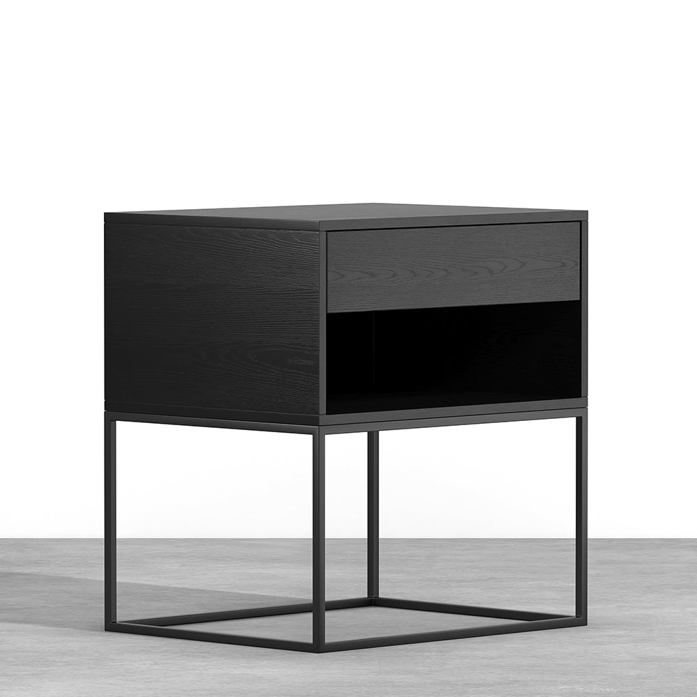 Black Modern BedsideTable with Drawer and Black Metal Base