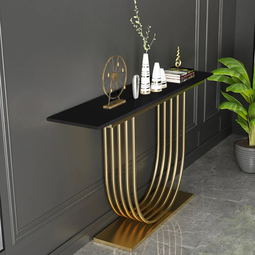 1200mm Black Solid Wood Narrow Console Table Gold Metal Pedestal Hallway Table