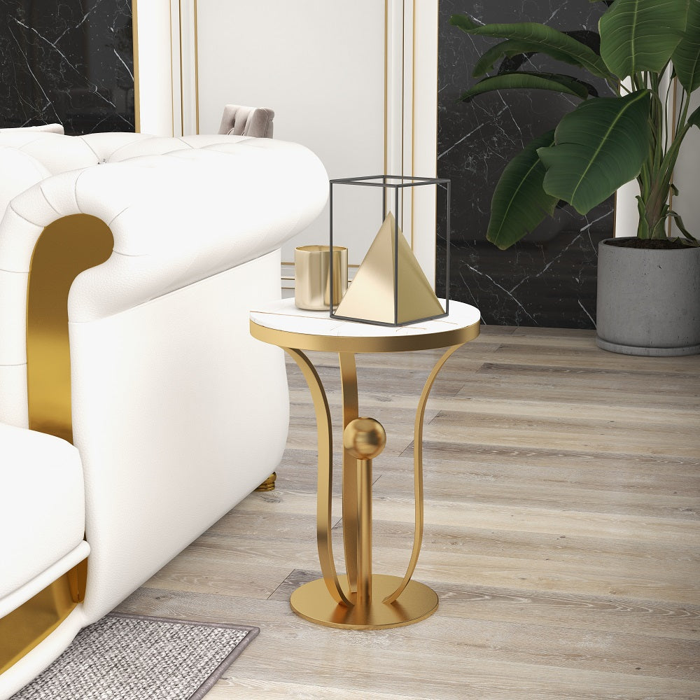 450mm White Round End Table Modern Side Table with Stream-Lined Metal Pedestal