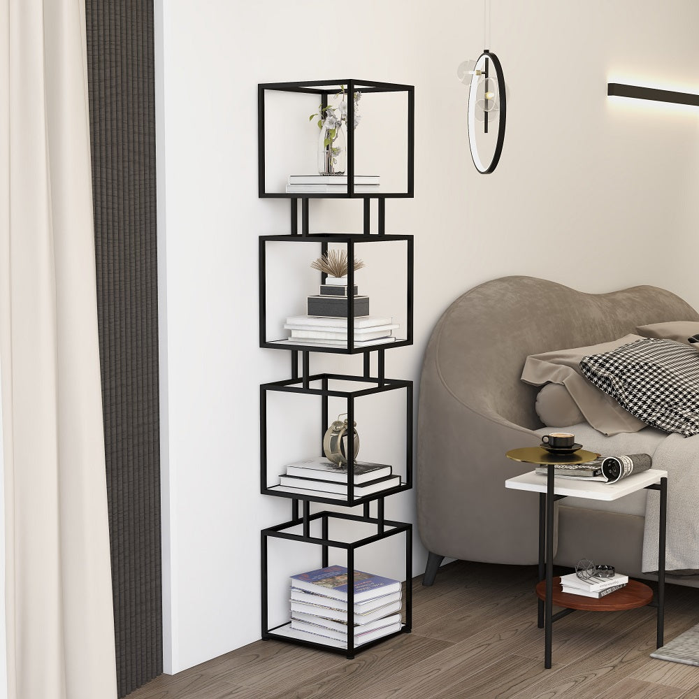 Modern Black Cube Bookcase with Metal 4-Tier Bookshelf Tower Display Tall Shelf