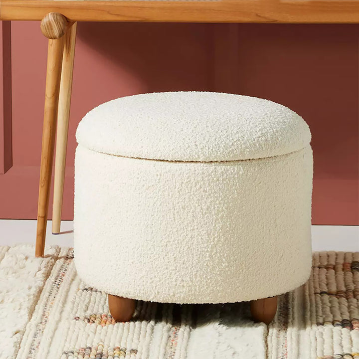 Modern White Boucle Vanity Stool with Lifted Top Storage Round Ottoman with Walnut Legs