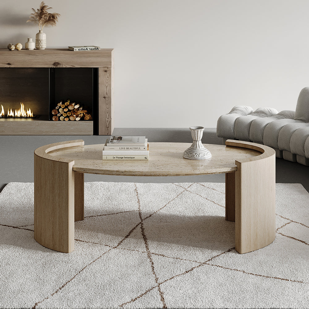 Japandi Travertine Coffee Table with Oval Beige Stone Top