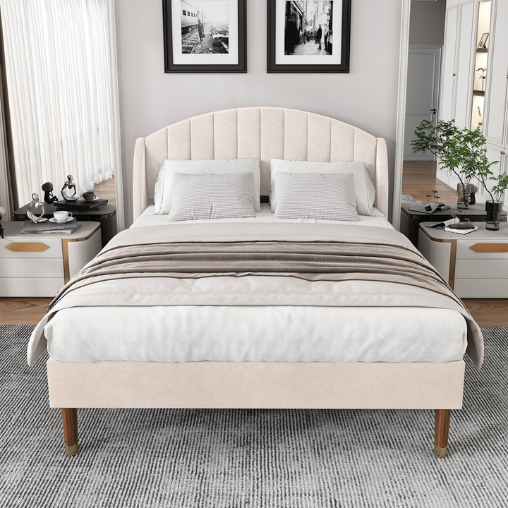 Double Velvet Fabric Upholstered Bed with Slatted Frame and Headboard