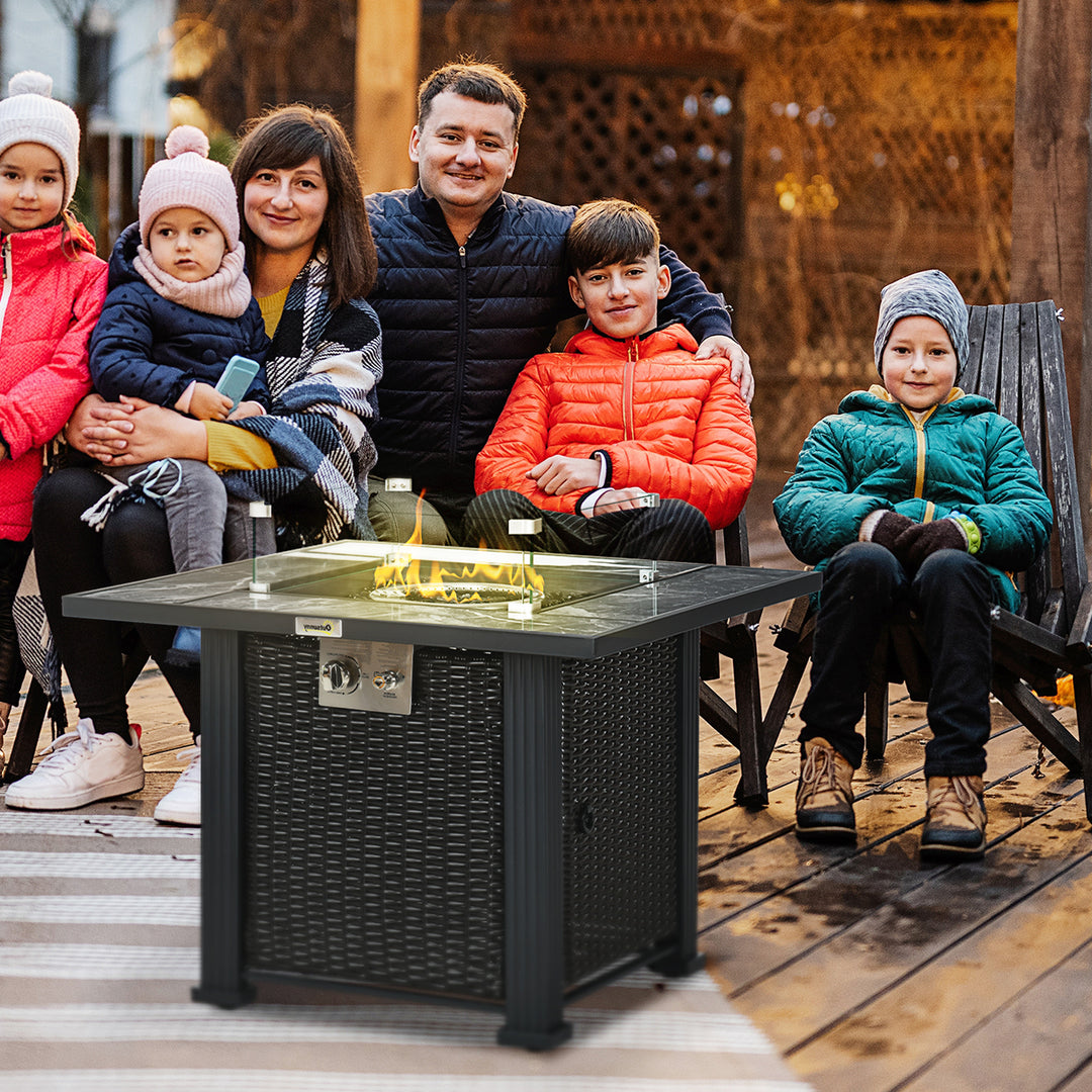 Rattan Fire Pit Table: Patio Propane Heater with Marble Top