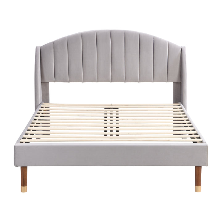 King Size Velvet Fabric Upholstered Bed with Slatted Frame and Headboard