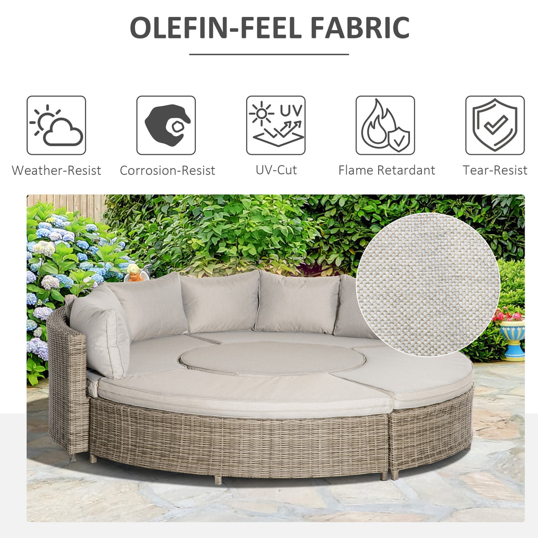 6-Seater Outdoor PE Rattan Patio Furniture Set Lounge Chair Round Daybed Liftable Coffee Table Conversation Set w/ Olefin Cushion