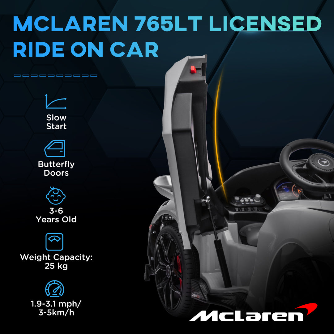 McLaren 765LT Licensed 12V Kids Electric Ride on Car with Butterfly Doors Remote Control Training Wheels Grey