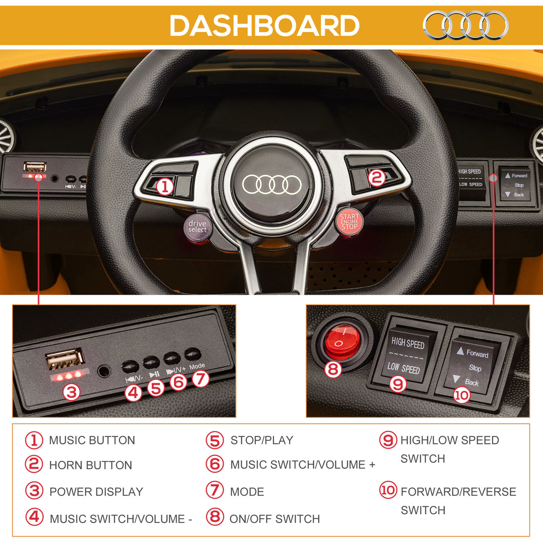 Kids Licensed Audi TT RS Ride-On Car 12V Battery w/ Remote Suspension Headlights and MP3 Player 3km/h Yellow