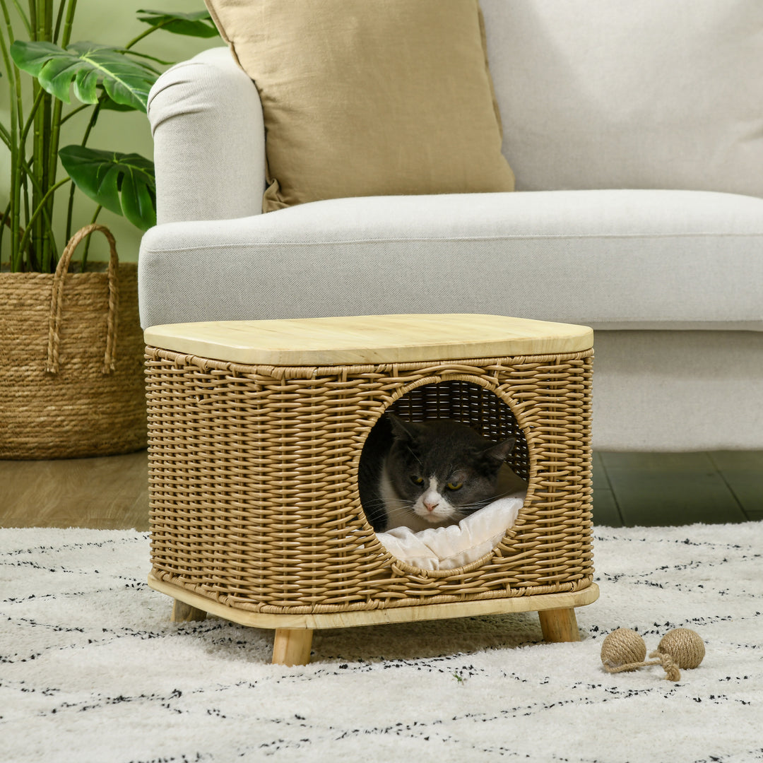 Elevated Design Wicker Cat House with Washable Cushion