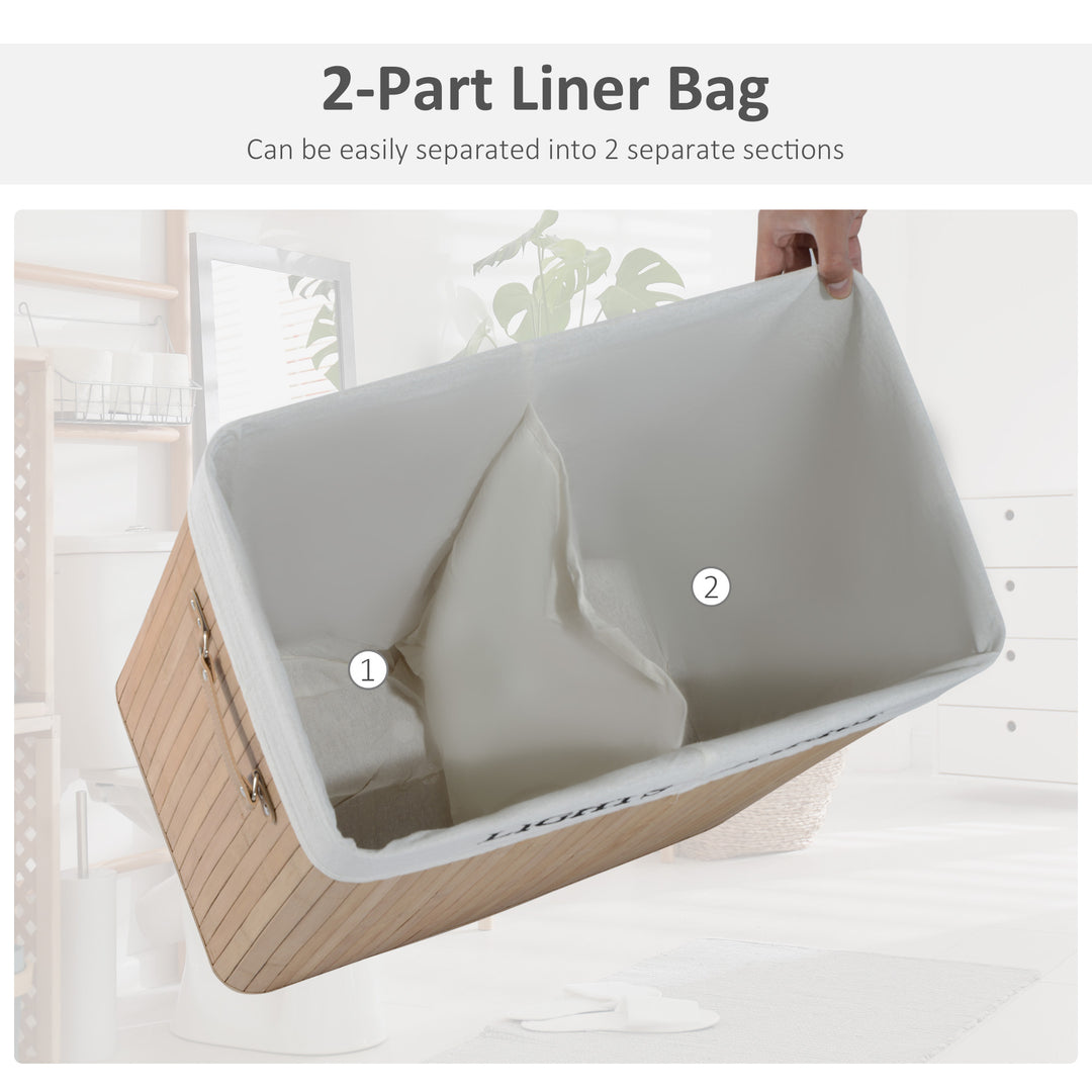 100L Collapsible Natural Wood Laundry Hamper Organizer Clothes Washing Basket Bin w/ Lid Removable Lining 52x32x63cm