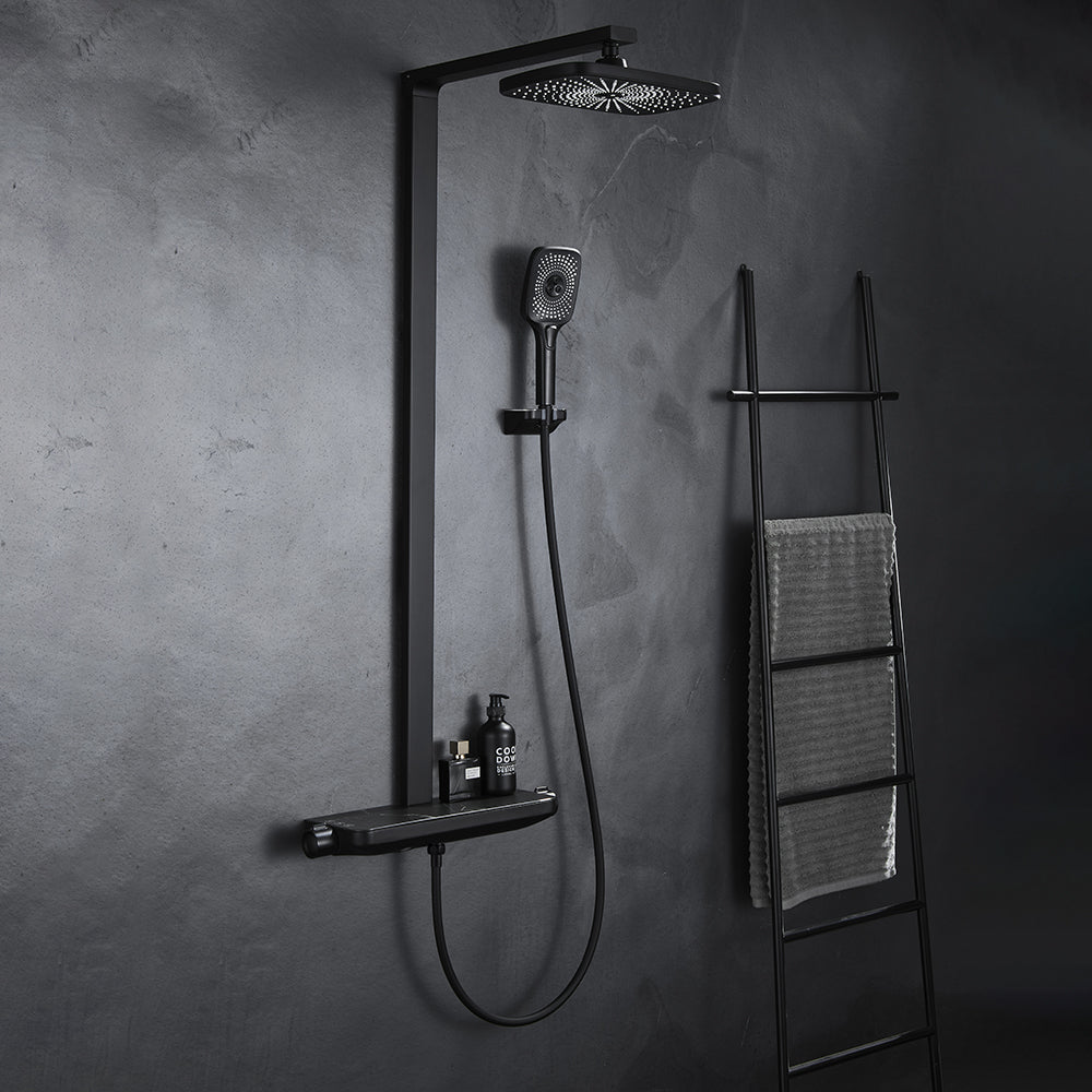 Black Exposed Rainfall Shower Mixer Tap with Handshower & Stone Rack Solid Brass