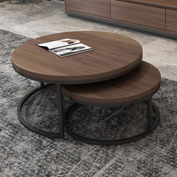 Fero 2 Pieces Modern Walnut & Black Round Nesting Coffee Table for Living Room