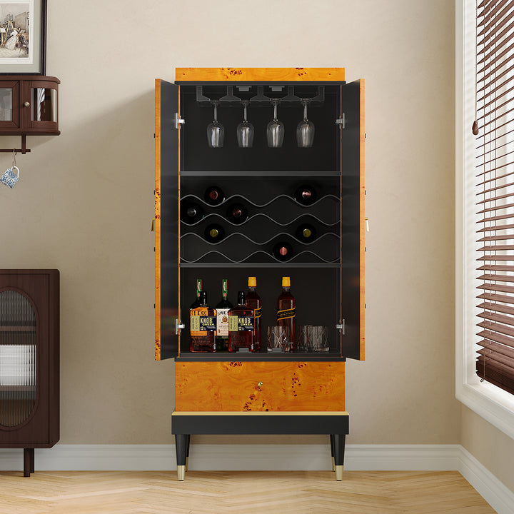 Rustic Burlwood Bar Cabinet with Glass&Bottle Holder Home Bar Cabinet