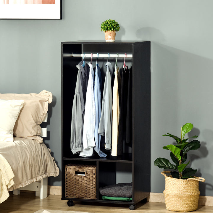 HOMCOM Mobile Open Wardrobe with Clothes Hanging Rail and Storage Shelves, on Wheels, for Bedroom, Dressing Room, Black