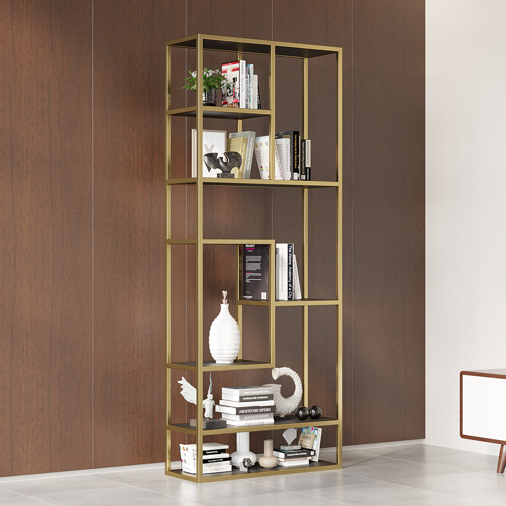 2000mm Modern Black & Gold Etagere Bookshelf Display 8-Shelf Tall Book Shelf with MDF and Stainless Steel Frame