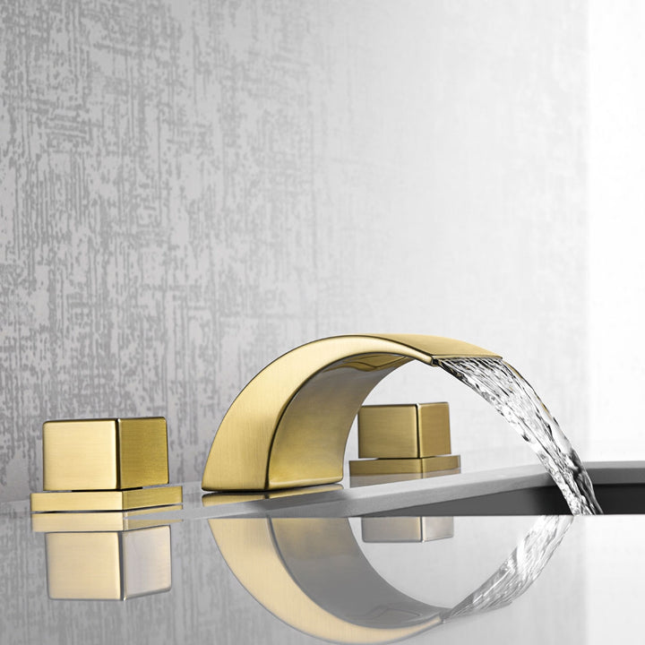 Victoria Waterfall 3 Holes Brushed Gold Bathroom Basin Tap Dual Handle