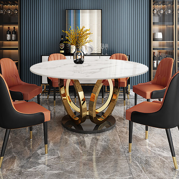 53.1" Contemporary Round Dining Table with Faux Marble Top in White & Gold