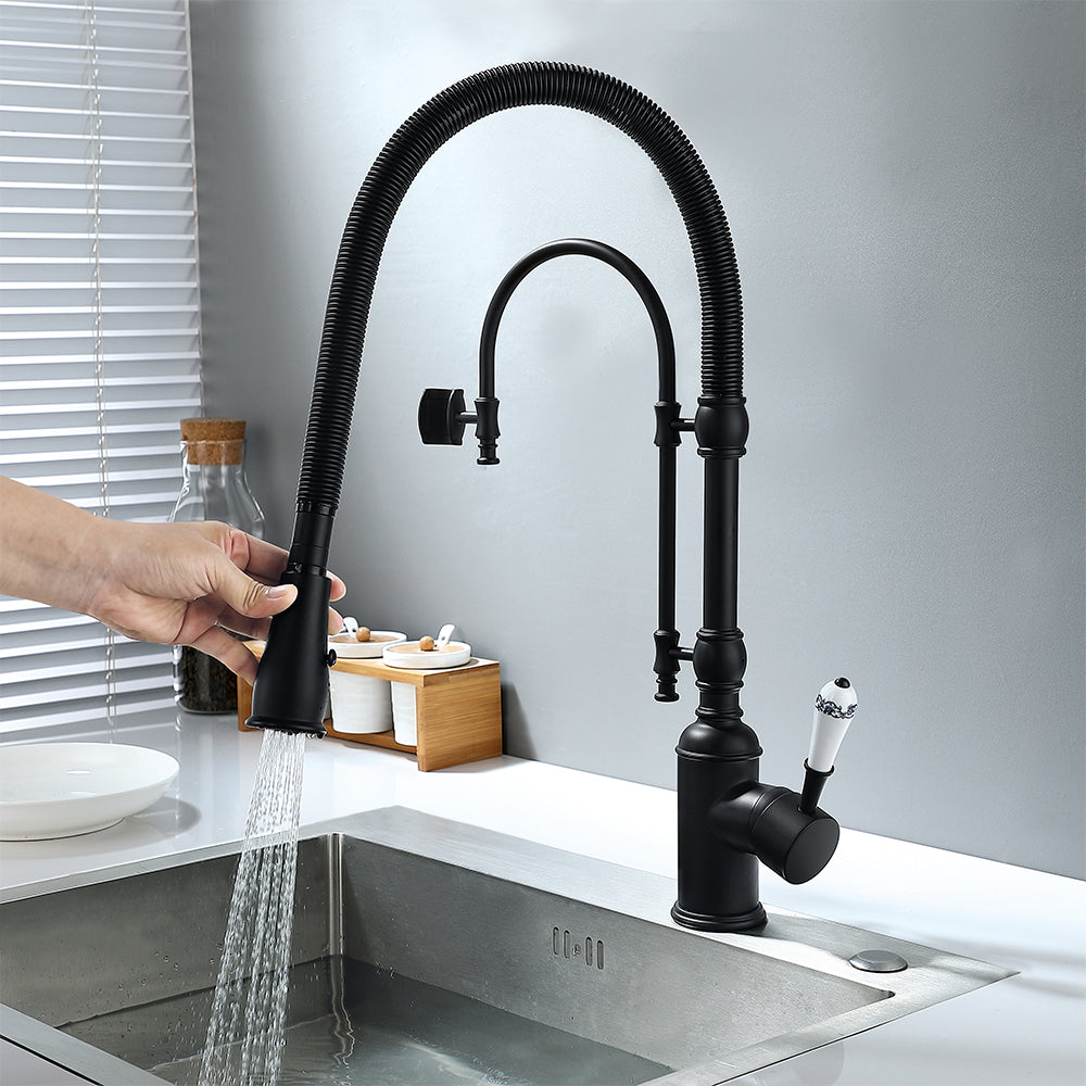 High Arc Dual-Mode Pull-Down Kitchen Faucet Solid Brass with Porcelain Handle