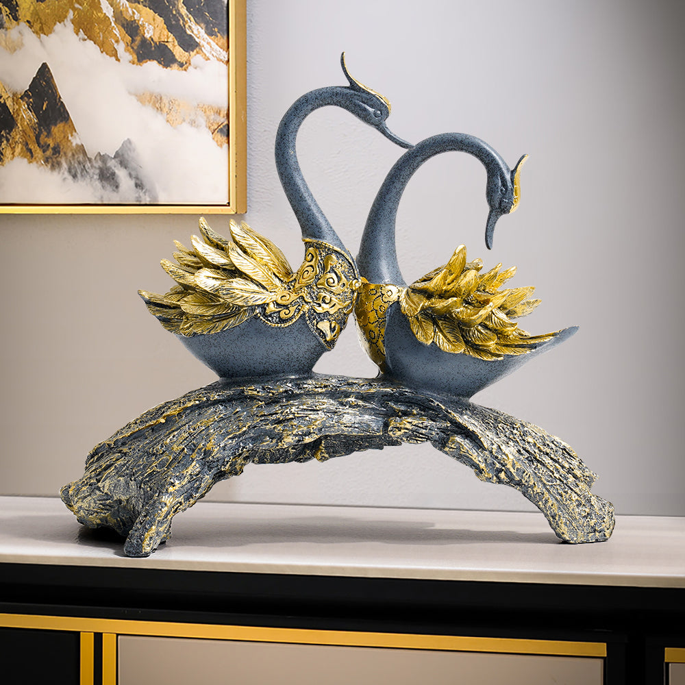 360mm Blue & Gold Simulation Couple Swan Sculpture Art Ornament Table Statue Decor