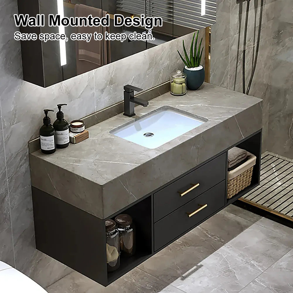 35" Floating Bathroom Vanity with Cultured Marble Vessel Sink with 2 Drawers Black & Gray