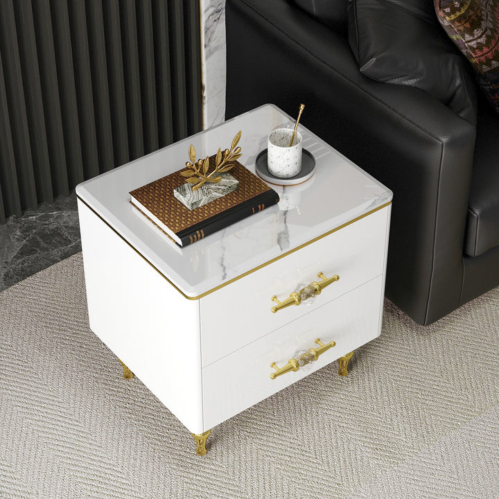 Chift Small Marble Top End Table Modern White Side Table with 2 Drawers Nightstand