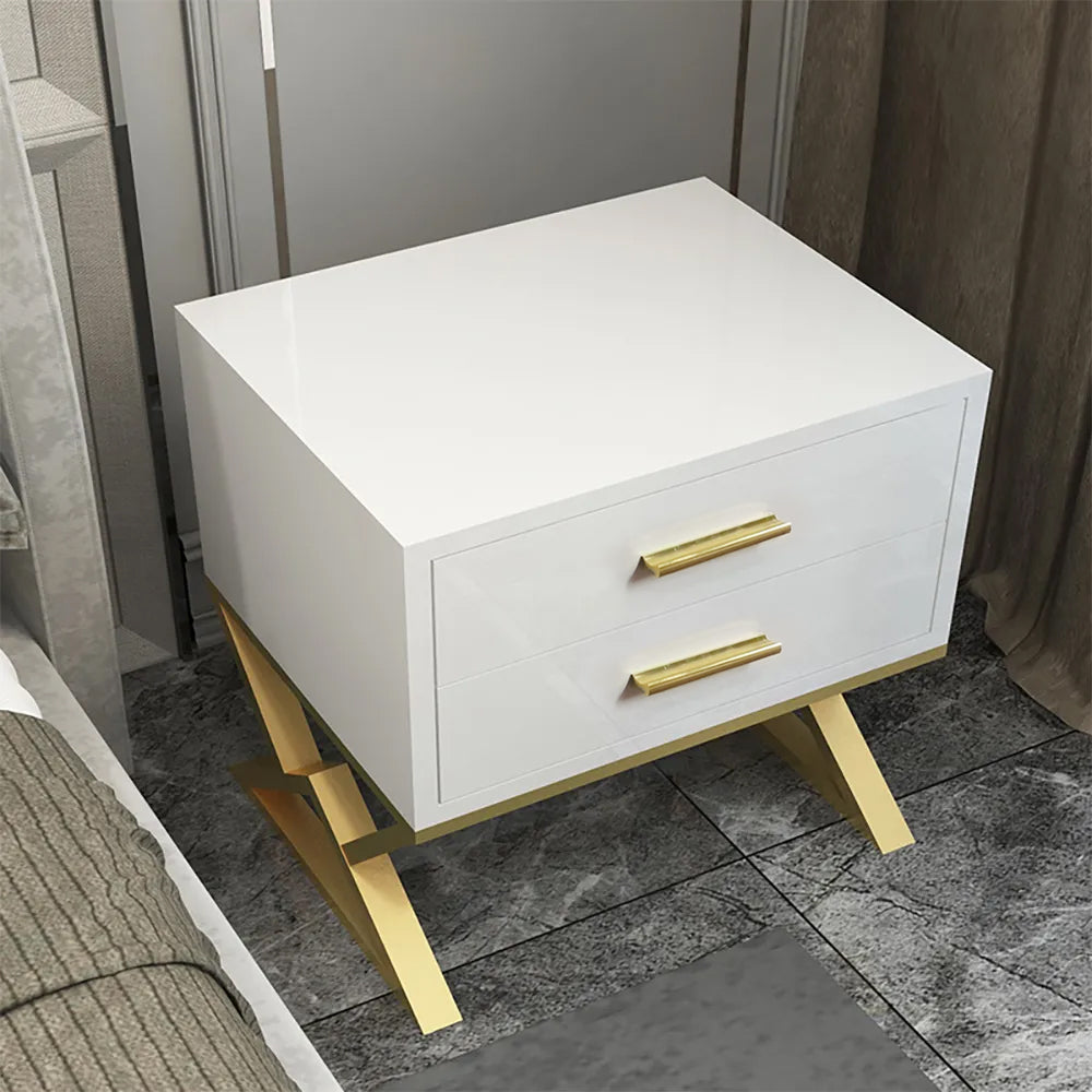 Nordic White Nightstand 2-Drawer Bedside Table Gold Finish