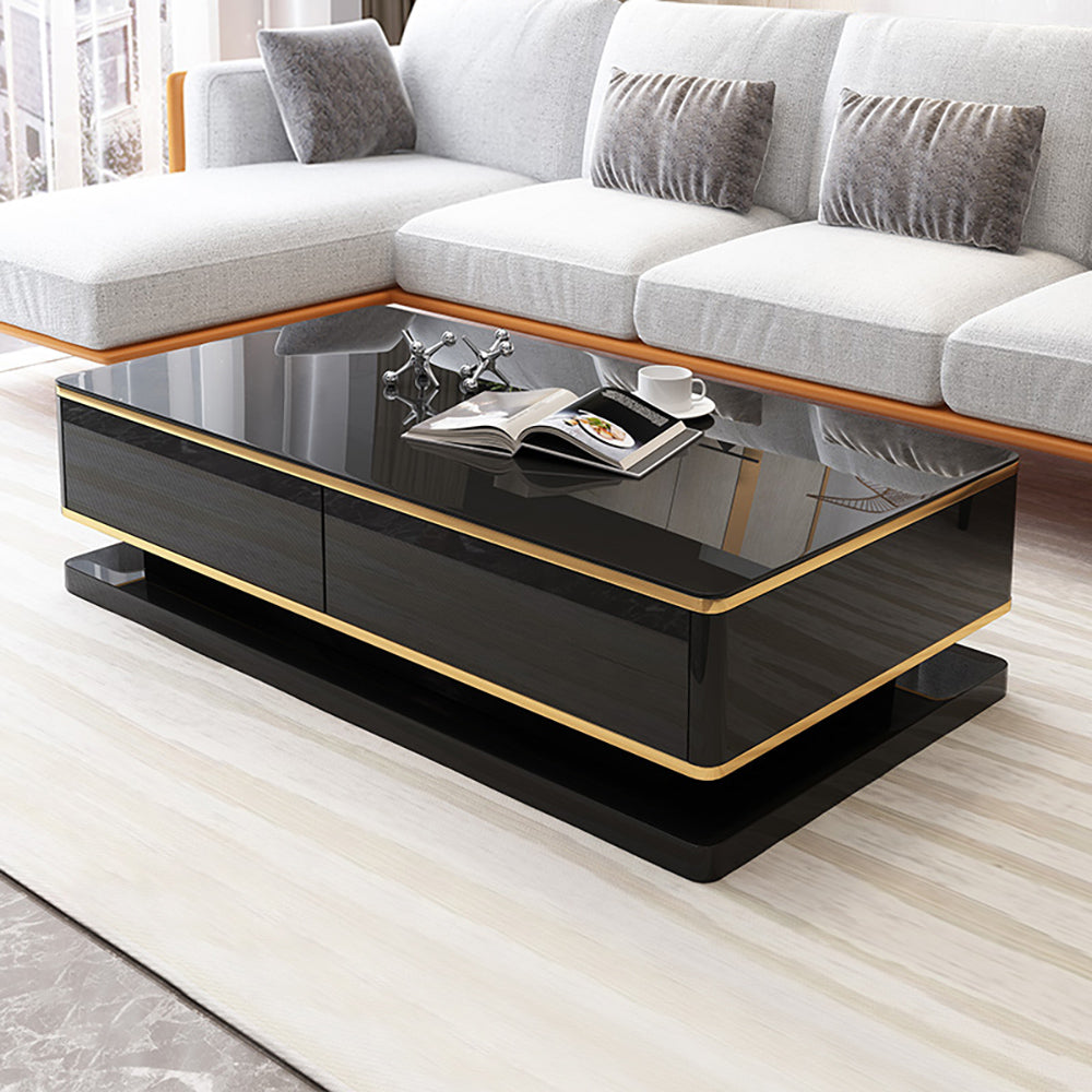 Gapn 1300mm Black Rectangle Modern Coffee Table with Storage 4 Drawer Tempered Glass Top