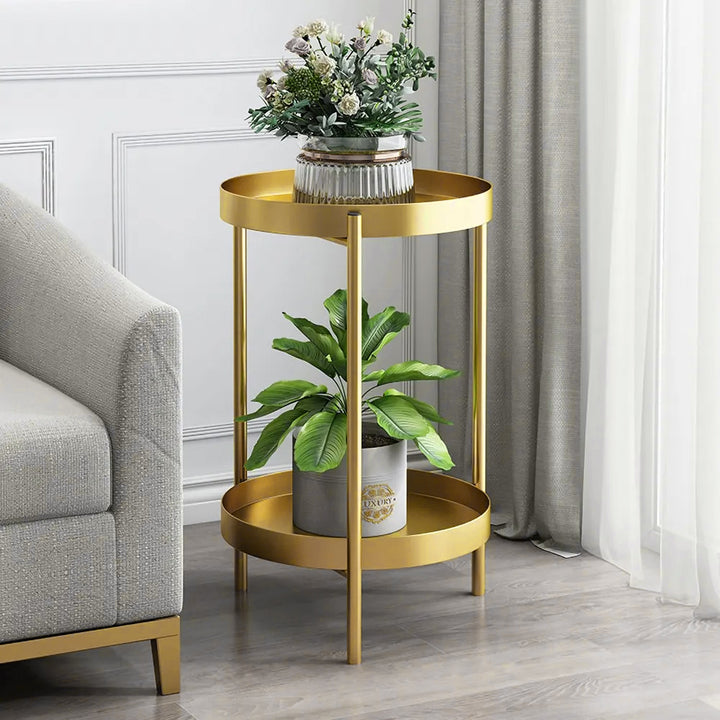 Round Metal Plant Stand 2-Tiered Gold Plant Pot Stand for Indoor in Small