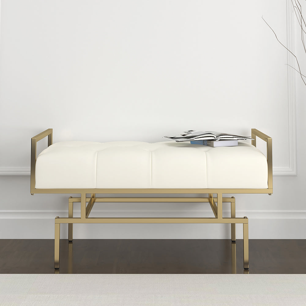 Modern Beige Hallway Bench Faux Leather Upholstered Tufted Bench Gold Legs