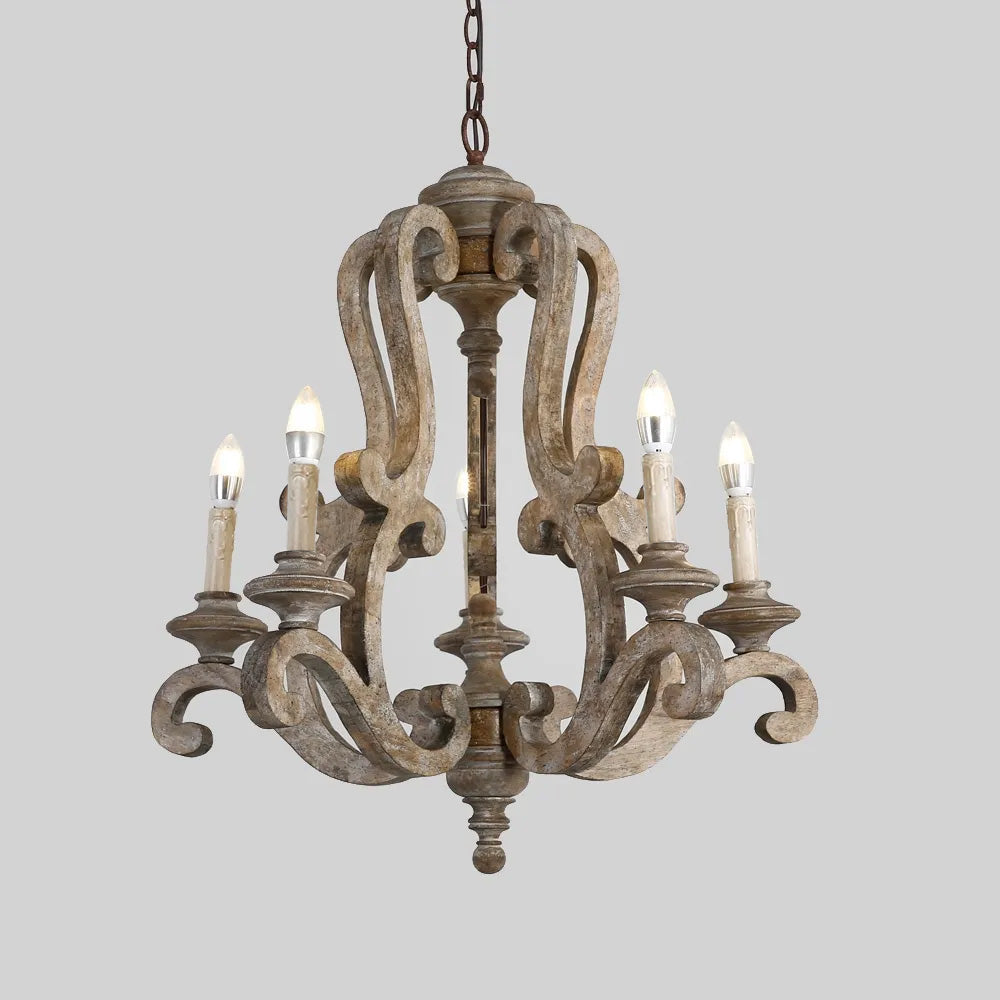 Cottage Style Distressed 5-Light Candelabra Chandelier with Scrolled Arms & Rust Canopy