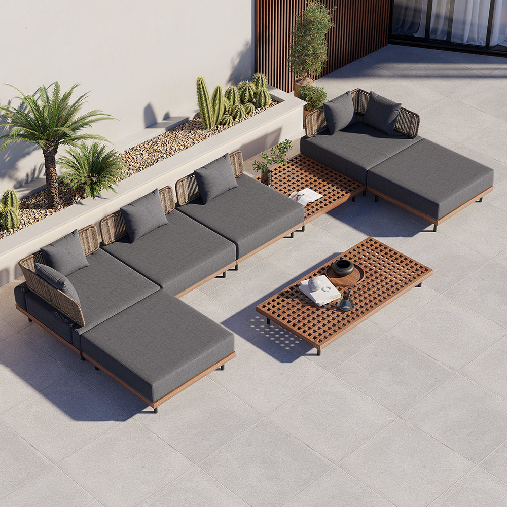 8 PCS L Shaped Outdoor Sectional Sofa Set with Coffee Table Modern Yard & Patio Furniture for 6 Person in Gray Cushion & Pillow Included