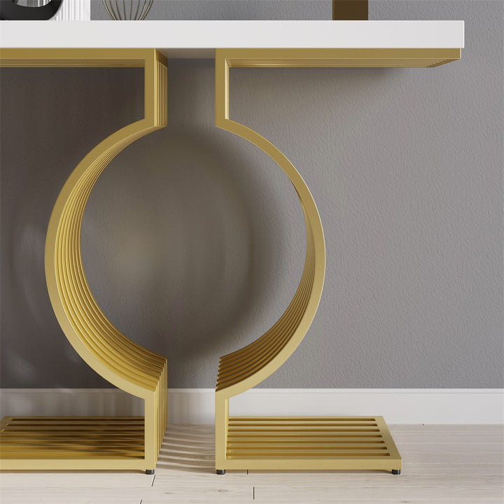 Narrow White Hall Table with Geometric Gold Metal Base