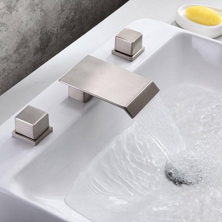 Moda Brushed Nickel Waterfall 3 Holes Bathroom Basin Tap Square Dual Handle