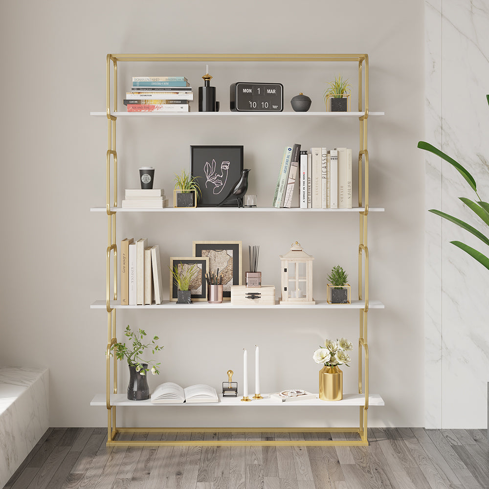 1800mm Modern White Tall Freestanding Wooden Office 4 Shelves Etagere Bookcase in Gold