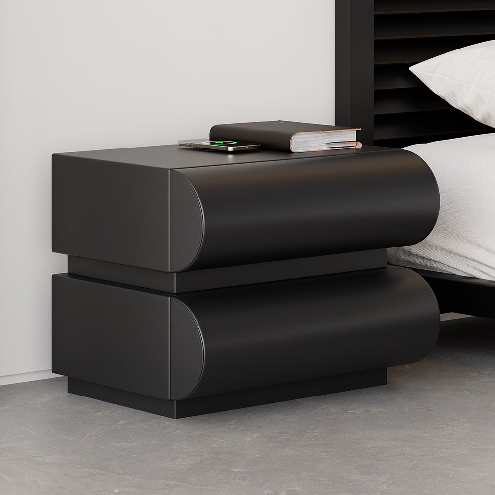 Modern Black Leather Smart Nightstand with Wireless Charger 2 Drawers Bedside Table with USB & Type-C Ports