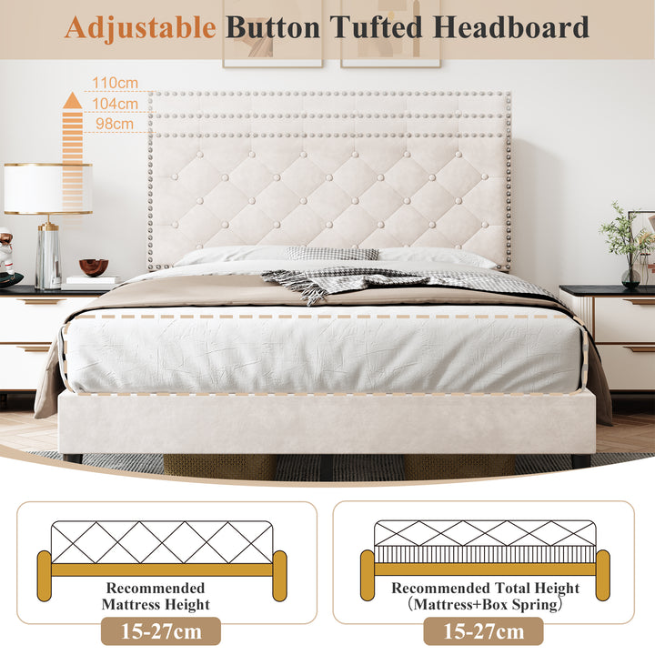 Velvet Upholstered Double Bed Frame with Adjustable Button-Tufted Headboard