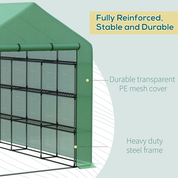 Poly Tunnel Steeple Walk in Garden Greenhouse with Removable Cover Shelves - Green 244 x 180 x 210cm