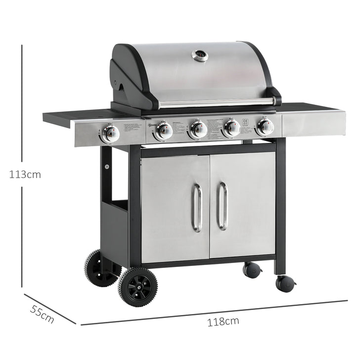 Gas Burner Barbecue Grill 4+1 Burner Garden BBQ Trolley w/ Side Burner Warming Rack Side Shelves Piezo Ignition Thermometer