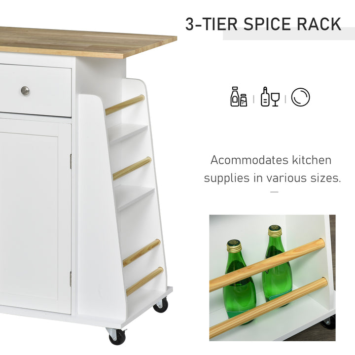 Kitchen Island Storage Cabinet Rolling Trolley with Rubber Wood Top