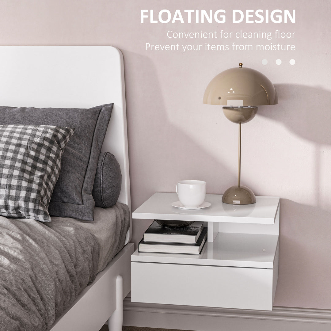 HOMCOM Set of Two Floating High Gloss Bedside Tables - White Aosom UK