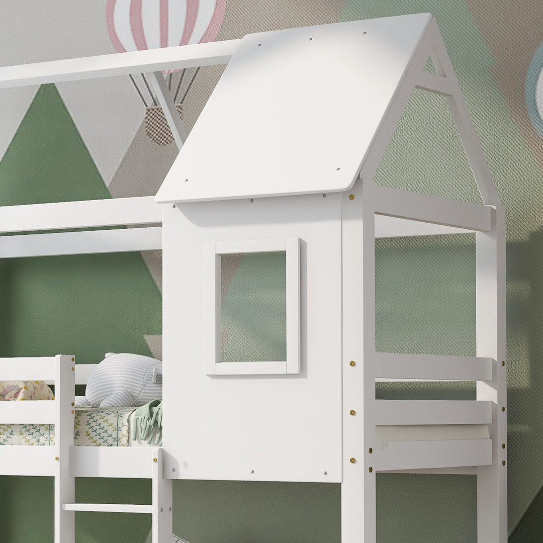 Children's Bunk Bed with Convertible Step Ladder and Window