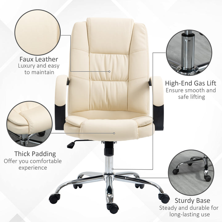 Vinsetto High Back Swivel Chair, PU Leather Executive Office Chair with Padded Armrests, Adjustable Height, Tilt Function, Beige