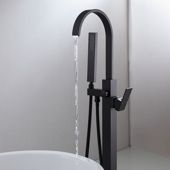 Dree Freestanding Matte Black Bath Filler Tap and Handheld Shower with High-Arc Spout