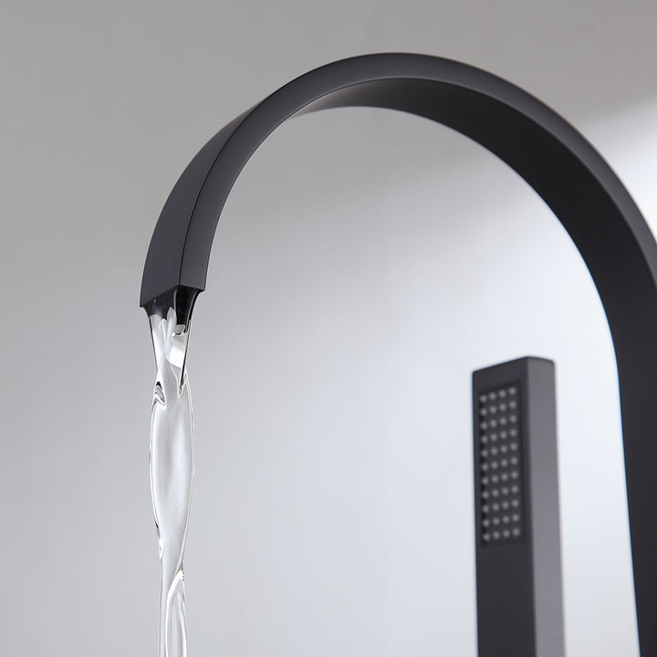 Dree Freestanding Matte Black Bath Filler Tap and Handheld Shower with High-Arc Spout